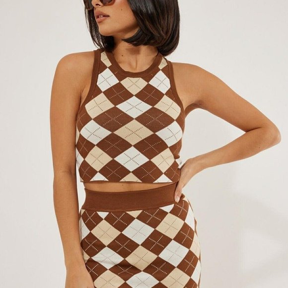 Womens Matching Set Outfit Tank Skirt Mini Size XS Brown Ivory Diamond Stretch - Picture 4 of 16